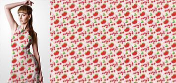 30013v Materiał ze wzorem malowane owoce (truskawka, wiśnia) na tle w kratkę w odcieniach różu